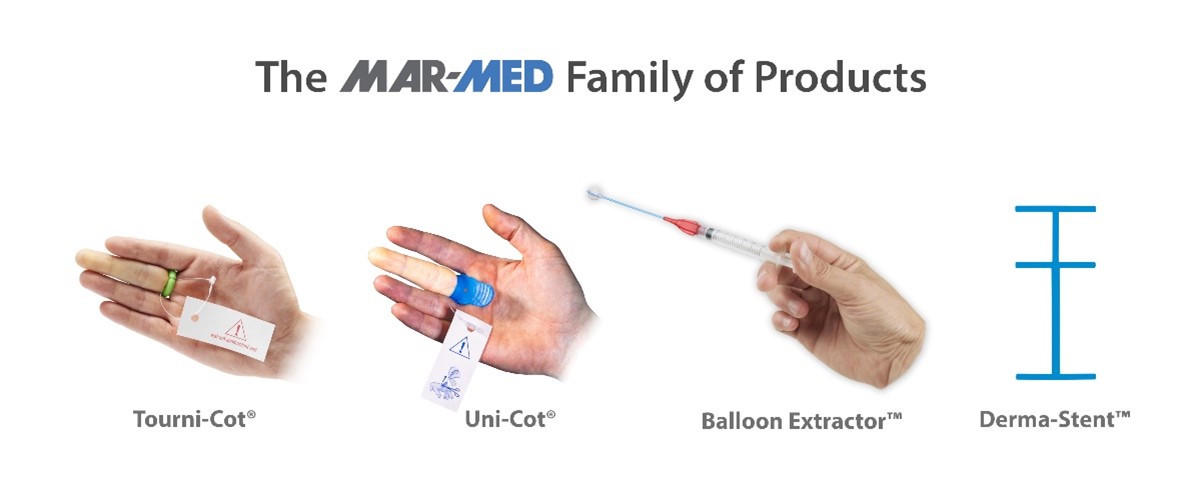 Uni-Cot | Universal Fitting Digit Tourniquet | Digit Tourniquet | One-Size Fits All Digit Tourniquet | Tourniquet for Fingers and Toes | Emergency Medicine | Medical Devices | Mar-Med |Balloon Extractor | Tourni-Cot | Derma-Stent | Abscess Treatment | Ingrown Nails | Nasal Foreign Body Removal